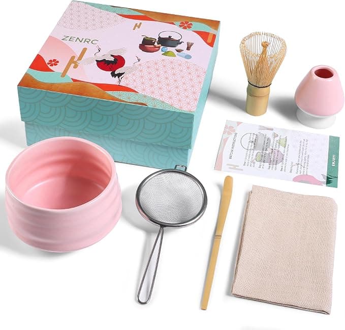 Ceremony Matcha Kit - Traditional Bamboo Matcha Whisk (Chasen) Scoop (Chashaku) Chawan Bowl with Pouring Spout Whisk Holder Sifter Tea Tray- The Perfect Matcha Set (Set of 6, Pink - Image 1