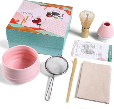 Ceremony Matcha Kit - Traditional Bamboo Matcha Whisk (Chasen) Scoop (Chashaku) Chawan Bowl with Pouring Spout Whisk Holder Sifter Tea Tray- The Perfect Matcha Set (Set of 6, Pink - Image 1
