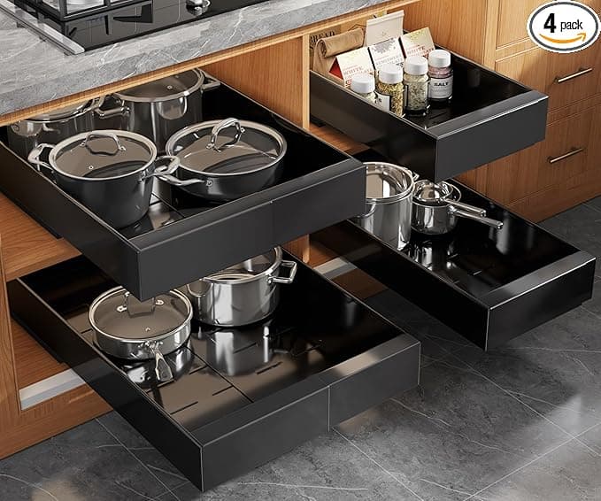 Seinloes 4 Pack Expandable (9"-14") Pull Out Cabinet Organizer 21" Deep With Raising Pad for Framed Cabinets,Upgrade 3 Slide Rails Slide Out Drawers,No Drill Roll Out Shelves Adhesive,Black - Image 1