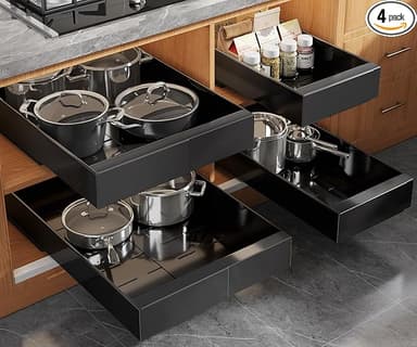 Seinloes 4 Pack Expandable (9"-14") Pull Out Cabinet Organizer 21" Deep With Raising Pad for Framed Cabinets,Upgrade 3 Slide Rails Slide Out Drawers,No Drill Roll Out Shelves Adhesive,Black - Image 1