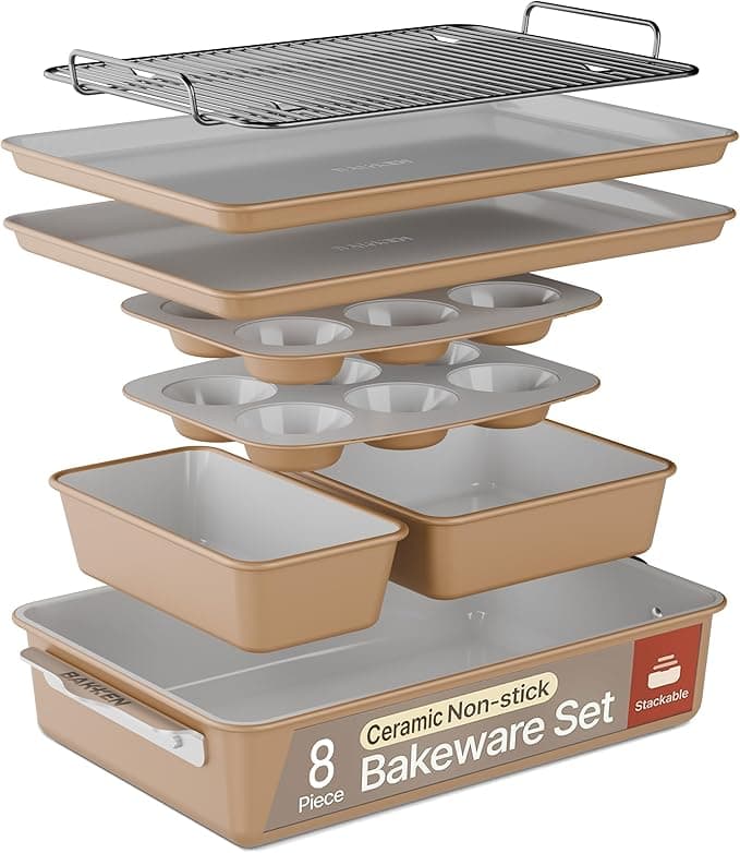 Bakken 8-Piece Stackable Bakeware Set - Ceramic Non-Stick Coating, Baking Sheets, Assorted Baking Pans, PTFE, PFOA & PFOS Free - Healthy Baking, Ergonomic Handles, Cooling Rack, Non-Toxic, Oven-Safe - Image 1