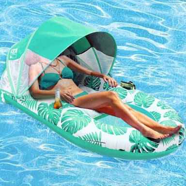 Pool Lounge Float with Canopy UPF50+,Extra Large Pool Floats for Adults Heavy Duty,Inflatable Lounger Float with Cup Holder & Backrest,Footrest - Image 2