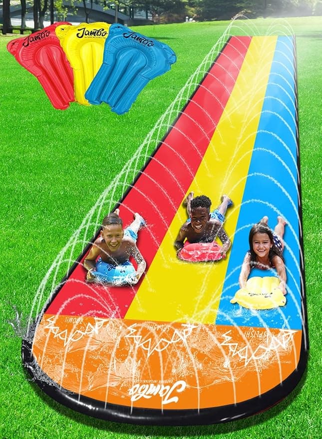 JAMBO 25Ft Premium XXL Slip Splash and Slide with 3 Bodyboards, Heavy Duty Water Slide- Advanced 3-Way Sprinkler System, Splash Mat Splash Pad Backyard Waterslide Outdoor Water Toys n Slides for Kids - Image 1