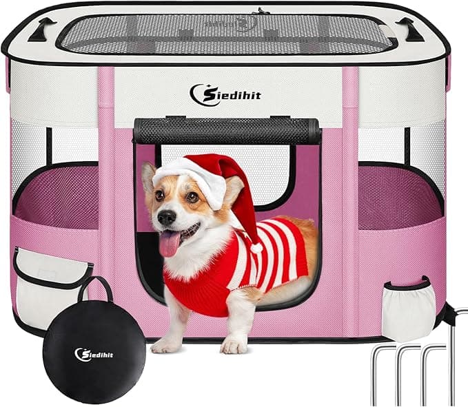 Dog Cat Playpen, Pet Puppy Portable Playpens for Outdoor Travel Crate, Indoor After Surgery Use, Foldable Dog Kennel Tent for Rabbit or Small Animals and Tent Stakes (Pink, Small - Image 1