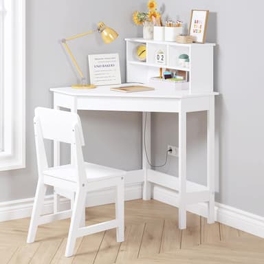 UTEX Kids Desk, Kids Corner Desk and Chair Set, Children Study Table with Storage and Hutch for Home School Use, White - Image 2