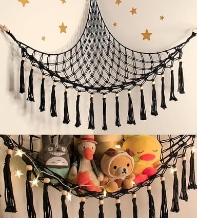 Stuffed Animal Hammock Corner Storage - Toy Hammock Net Organizer with LED Light - Tedddy Hammocks Plushie Net Holder - Black Wall Decor for Boy Living Room Bedroom - Image 1