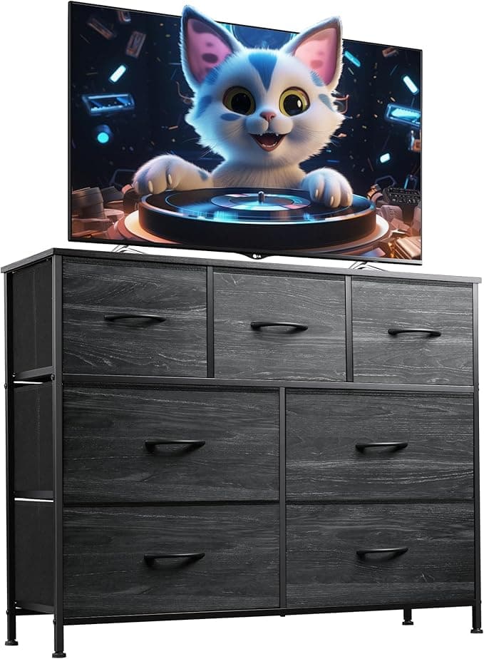 WLIVE 7 Drawer Dresser TV Stand, Entertainment Center, Media Console Table with Metal Frame and Wood Top for TV up to 45 inch, Chest of Drawers for Bedroom, Charcoal Black Wood Grain Print - Image 1