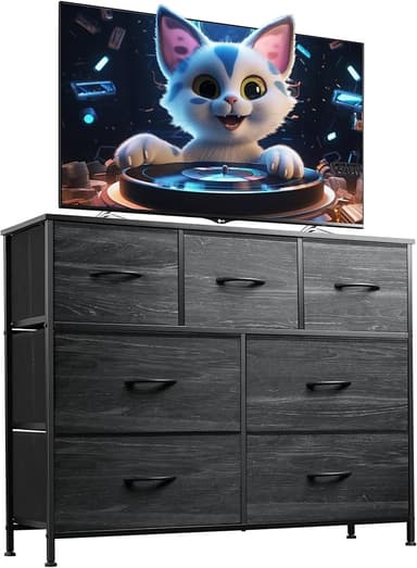 WLIVE 7 Drawer Dresser TV Stand, Entertainment Center, Media Console Table with Metal Frame and Wood Top for TV up to 45 inch, Chest of Drawers for Bedroom, Charcoal Black Wood Grain Print - Image 1