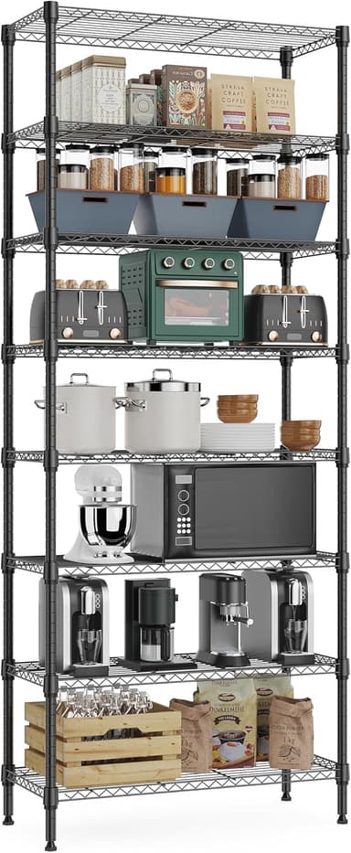 8 Tier 2000 lbs Storage Rack Metal Wire Shelving Unit, Storage Standing Shelf Organizer for Laundry Bathroom Kitchen Pantry Closet Garage Basement Utility Room, Black 13.8" D x 23.6" W x 79.5" H - Image 1