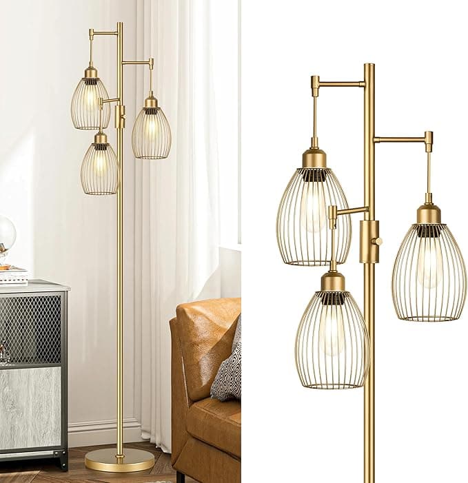 Torondo Dimmable Floor Lamp, Industrial Floor Lamps for Living Room, Gold Tree Lamp Standing Lamp Tall Lamps with 3 Elegant Teardrop Cage Head & 800 Lumens LED Bulbs for Living Room Bedroom Office - Image 1