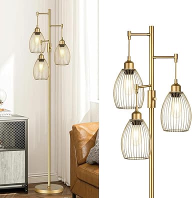Torondo Dimmable Floor Lamp, Industrial Floor Lamps for Living Room, Gold Tree Lamp Standing Lamp Tall Lamps with 3 Elegant Teardrop Cage Head & 800 Lumens LED Bulbs for Living Room Bedroom Office - Image 1