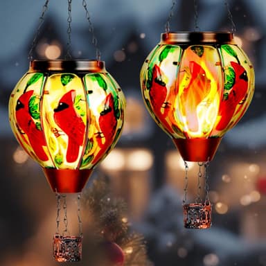 2 Pack Cardinal Solar Hot Air Balloon Lantern with Flame, Outdoor Christmas Decorations Flickering Solar Lights, Glass Hanging Solar Lantern Waterproof, Gardening Gifts for Outdoor Garden Patio Decor - Image 2