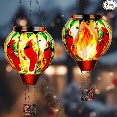 2 Pack Cardinal Solar Hot Air Balloon Lantern with Flame, Outdoor Christmas Decorations Flickering Solar Lights, Glass Hanging Solar Lantern Waterproof, Gardening Gifts for Outdoor Garden Patio Decor - Image 1
