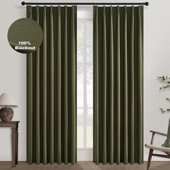 Topfinel 120 Inches Long Extra Long Olive Green Linen Curtains for Living Room,100 Percent Blackout Floor to Ceiling Pinched Pleated Boho Insulating Drapes 2 Panels for Track System,10 FT Bay Window - Image 1