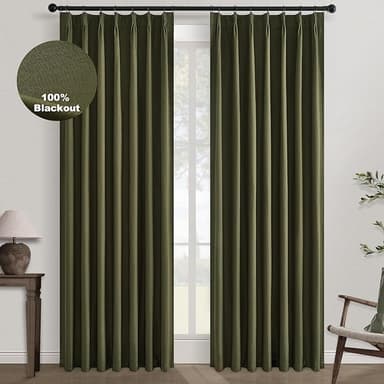 Topfinel 120 Inches Long Extra Long Olive Green Linen Curtains for Living Room,100 Percent Blackout Floor to Ceiling Pinched Pleated Boho Insulating Drapes 2 Panels for Track System,10 FT Bay Window - Image 1