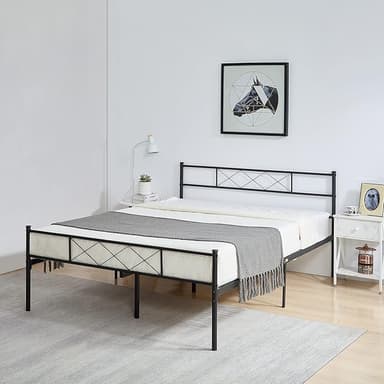 VECELO Queen Metal Platform Bed Frame with Headboard & Footboard, Steel Slats Mattress Foundation, No Box Spring Needed, Dark Black - Image 1
