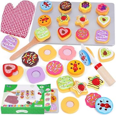 Slice and Bake Wooden Cookie Play Food Set for Kids Kitchen - Toy Food Accessories - Kids Pretend Cookies and Baking Sheet, Toy Baking Set for 3+ Year Old Boys Girls Birthday Gifts - Image 1