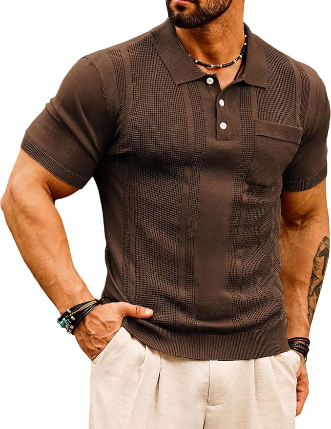 GRACE KARIN Mens Breathable Polo Shirts Short Sleeve Lightweight Knit Texture Golf Shirts Knitwear