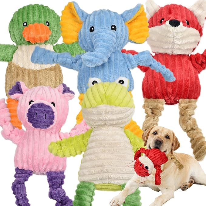 5 Pack Tough Dog Toys Stuffed Squeaky Dog Toys Assortment Plush Animal Dog Toy Value Bundle Puppy Pet Dog Toys for Small Medium Large Dogs - Image 1