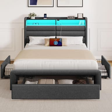 Seventable Twin Size Bed Frame with 3 Storage Drawers & Charging Station, Upholstered Platform Bed with Storage Headboard and LED Light, No Box Spring Needed, Noise Free, Easy Assembly, Dark Grey - Image 2