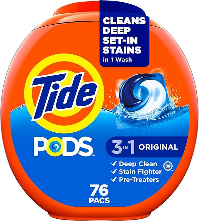 Tide PODS laundry detergent pacs, 3-in-1 Stain Remover, Odor Fighter, Color Protector, 76 Count, HE compatible, Original Scent - Image 1