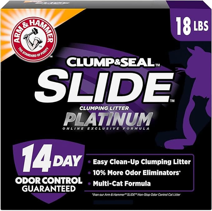 ARM & HAMMER Clump & Seal SLIDE Platinum Multi-Cat Clumping Cat Litter, 14-Day Odor Control, EZ Clean Technology, 18 lbs – No Scrubbing, Powerful Odor Eliminator - Image 1