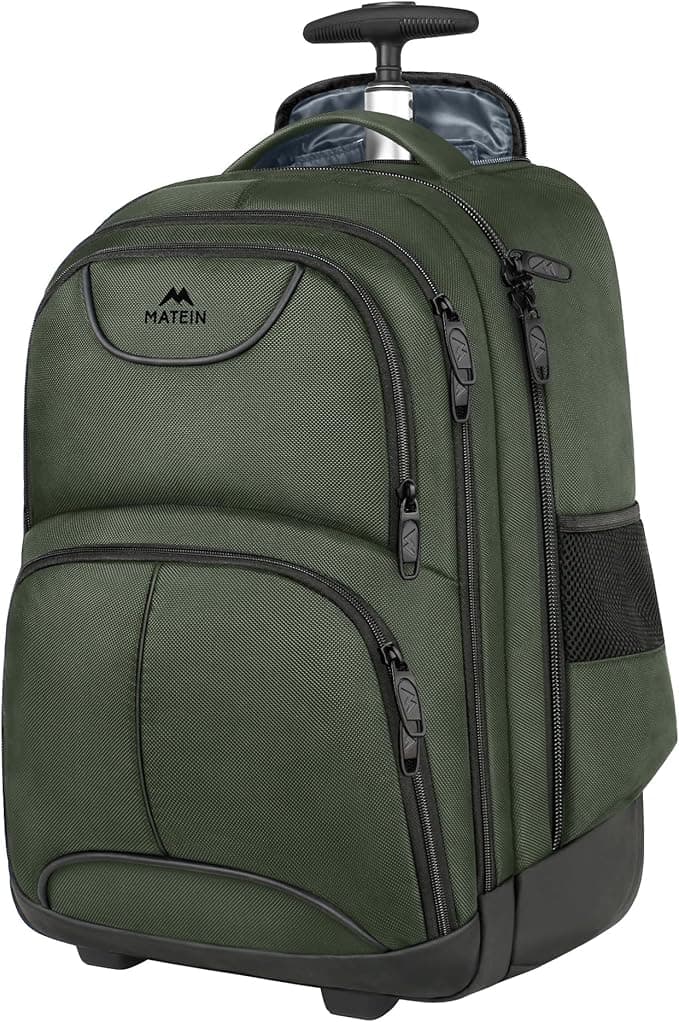 MATEIN Rolling Backpack, 17 Inch Travel Laptop Backpacks with Wheels, Water Resistant Large Roller Carry On Luggage Wheeled, Trolley Overnight Suitcase Business College Computer Bag, Green - Image 1