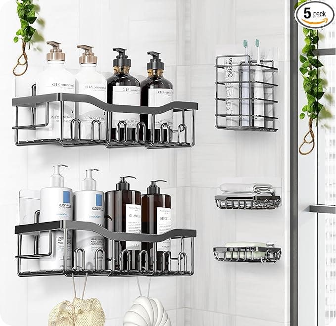 Luxury Style 5 Pack Stainless Steel Adhesive Shower Caddy Set - Rustproof Bathroom Organizer with Large Capacity Storage| No Drilling Shelves Shower Caddy Organizer | Bathroom Decor (Elegant Black - Image 1