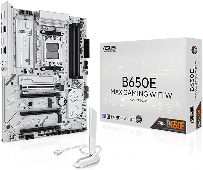 ASUS B650E MAX Gaming WiFi W – AMD B650 AM5 ATX Motherboard, White PCB, DDR5, PCIe 5.0, 3X M.2, Wi-Fi 6E, 2.5Gb LAN, USB 10Gbps Type-C, DisplayPort, HDMI™, BIOS Flashback™, Aura Sync, Advanced AI PC - Image 1
