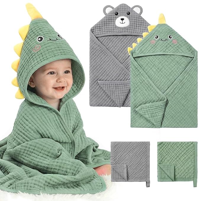 CandyHome 4 Pack Muslin Baby Towels for Newborn Set, 100% Cotton 2 Hooded Baby Bath Towels 32x32" with 2 Washcloths 10x10", Super Soft Absorbent Infant Toddler Bath Essentials Gifts, Dinosaur & Bear - Image 1