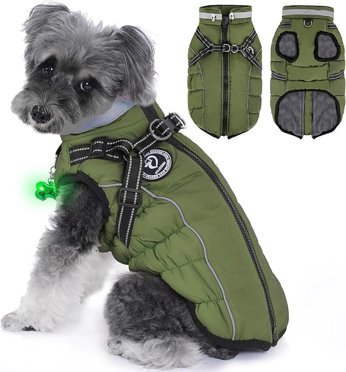 Waterproof Dog Jacket with Built-in Harness, Winter Snow Dog Warm Coat for Small, Medium Dogs, Cold Weather Cozy Vest Clothes with Luminous Pendant and Reflective Strips, Adjustable Straps - Image 1