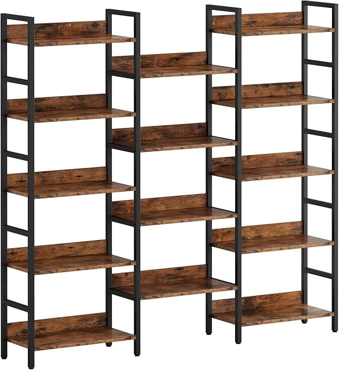 IRONCK Bookcases and Bookshelves Triple Wide 5 Tiers Industrial Bookshelf with Baffles Large Etagere Bookshelf with Metal Frame for Living Room Home Office - Image 1