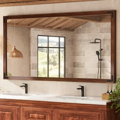 TETOTE 72 x 36 Walnut Wood Mirror for Bathroom Wall/Bedroom/Living Room/Entryway Farmhouse Rustic Bathroom Vanity Mirror Waterproof (Horizontal/Vertical Mounted - Image 2