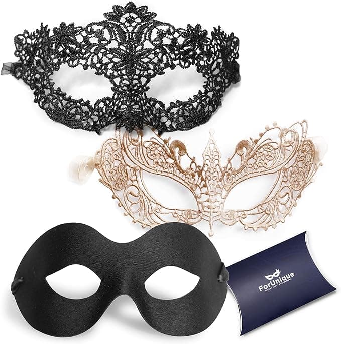 Masquerade Mask for Couples Women and Men - 3 Pack Venetian Gold and Black Lace, Mardi Gras Mask - Image 1