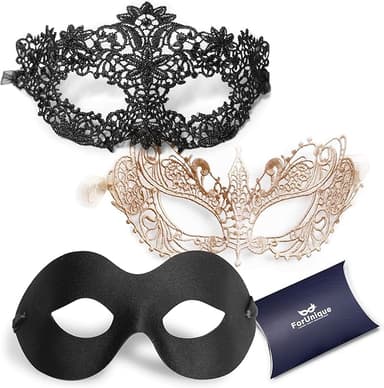 Masquerade Mask for Couples Women and Men - 3 Pack Venetian Gold and Black Lace, Mardi Gras Mask - Image 1