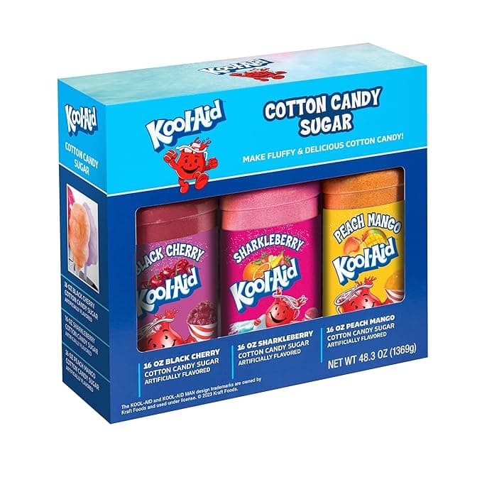 Nostalgia Kool-Aid Cotton Candy Variety Kit – 3 Flossing Sugar Flavors (Black Cherry, Sharkleberry, Peach Mango) – 7-oz Bottles – Compatible with Cotton Candy Makers – Party Supplies - Image 1