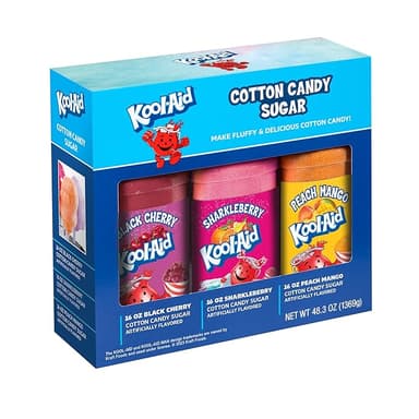 Nostalgia Kool-Aid Cotton Candy Variety Kit – 3 Flossing Sugar Flavors (Black Cherry, Sharkleberry, Peach Mango) – 7-oz Bottles – Compatible with Cotton Candy Makers – Party Supplies - Image 1