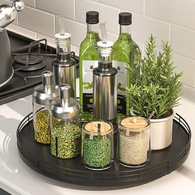 13" Oak Wood Lazy Susan Organizer, Lazy Susan for Cabinet Dining Table Pantry Wood Turntable Organizer Tray for Coffee Table Kitchen Countertop Salt Pepper Spice Organization and Storage Round Black - Image 1