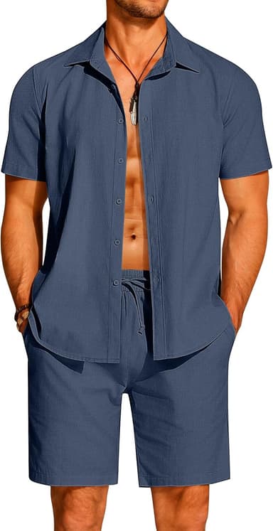 COOFANDY Men's 2 Pieces Cotton Linen Set Short Sleeve Button Down Shirts Summer Beach Shorts Casual Outfits - Image 2
