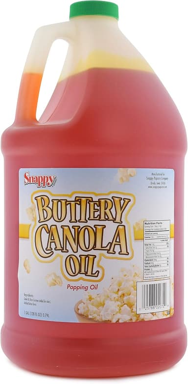 Snappy Buttery Canola Oil, Lower Fat Butter Flavored Popcorn Oil for Popcorn Machine and Stovetops Naturally Colored with Beta Carotene, 1 Gallon Size, Premium Cooking Ingredient - Image 2