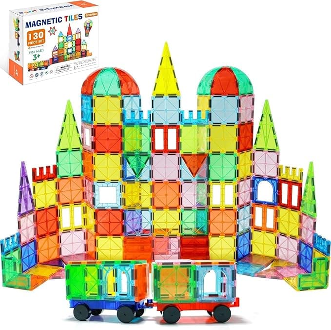 EchoPlan Magnetic Tiles, 130PCS Magnetic Blocks with 2 Cars, Magnet Tiles 3D Clear Building Blocks Set, STEM Sensory Educational Toys Gift for Toddlers Kids Boys 3 4 5 6 7 8 9+ Year Old - Image 1