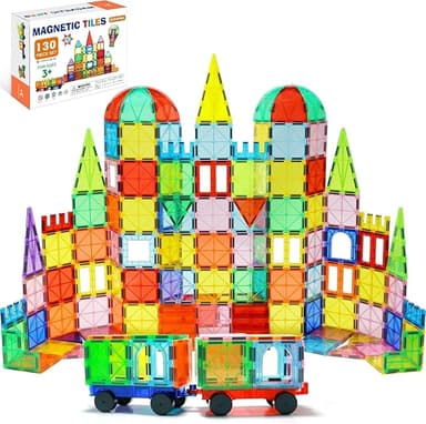 EchoPlan Magnetic Tiles, 130PCS Magnetic Blocks with 2 Cars, Magnet Tiles 3D Clear Building Blocks Set, STEM Sensory Educational Toys Gift for Toddlers Kids Boys 3 4 5 6 7 8 9+ Year Old - Image 1