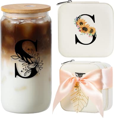 AYGXU Initial glass cups with lids and straws,personalized gifts for women,iced coffee cups,small jewelry box,travel jewelry case organizer,small jewelry travel case,Initial S white - Image 2