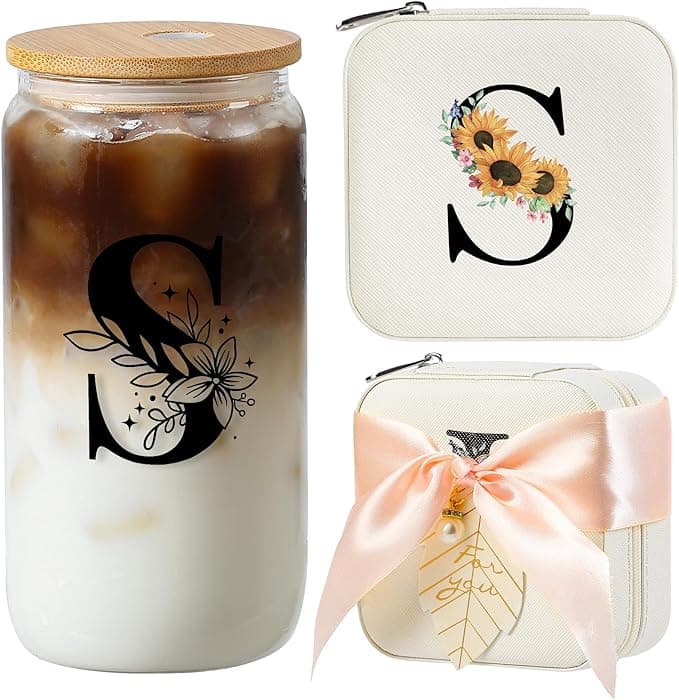 AYGXU Initial glass cups with lids and straws,personalized gifts for women,iced coffee cups,small jewelry box,travel jewelry case organizer,small jewelry travel case,Initial S white - Image 1