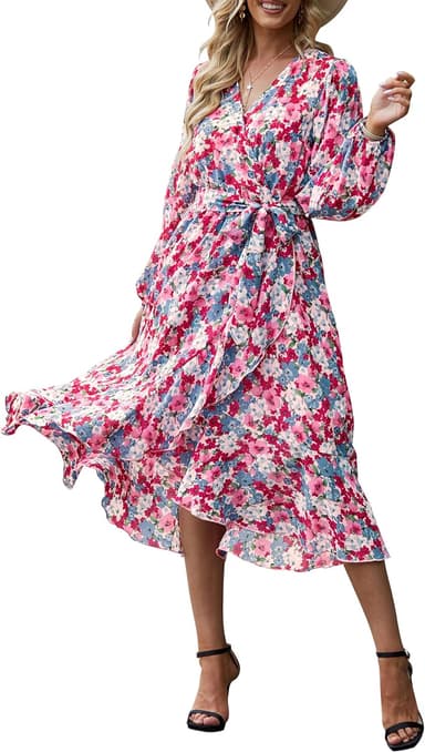 PRETTYGARDEN Women's Floral Boho Dress Fall Long Sleeve Wrap V Neck Ruffle Flowy Maxi Spring Wedding Guest Vacation Dresses - Image 2