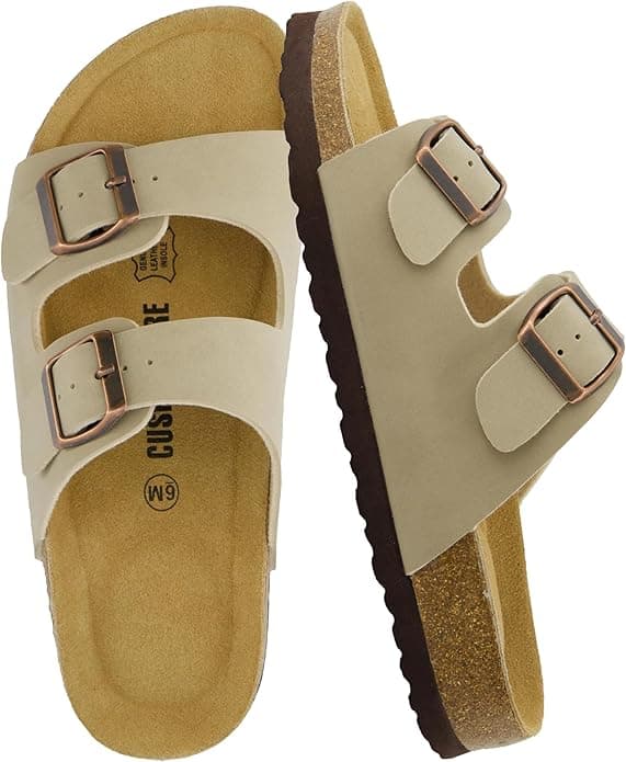 CUSHIONAIRE Lane Cork Footbed Sandals for Women – Comfortable Double Buckle Slip-On with Genuine Suede Footbed & Arch Support Slides for Women Footwear - Image 1