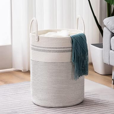 YOUDENOVA Woven Rope Laundry Hamper Basket, 58L Tall Luandry Basket, Baby Nursery Hamper for Blanket Storage, Clothes Hamper for Laundry in Bedroom-Large-Stripe White - Image 1