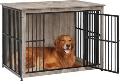 Feandrea 43.3" Dog Crate Furniture, Heavy-Duty Dog Cage Side End Table, XL Pet Wood Kennel for Large and Medium Dogs up to 80 lb with Enclosed Base, Double-Door Pet House, Greige - Image 2