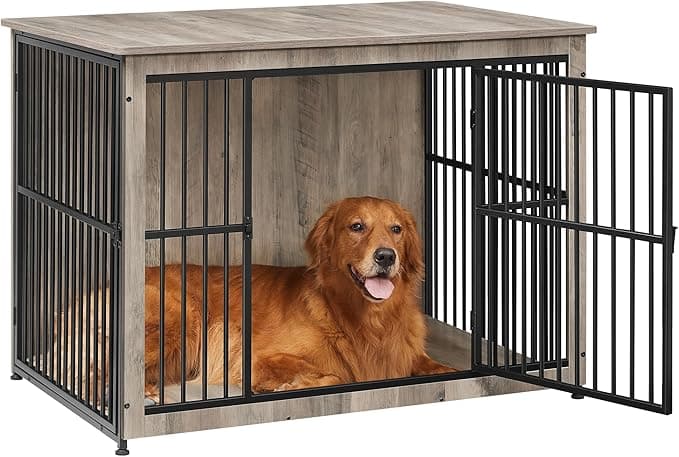 Feandrea 43.3" Dog Crate Furniture, Heavy-Duty Dog Cage Side End Table, XL Pet Wood Kennel for Large and Medium Dogs up to 80 lb with Enclosed Base, Double-Door Pet House, Greige - Image 1