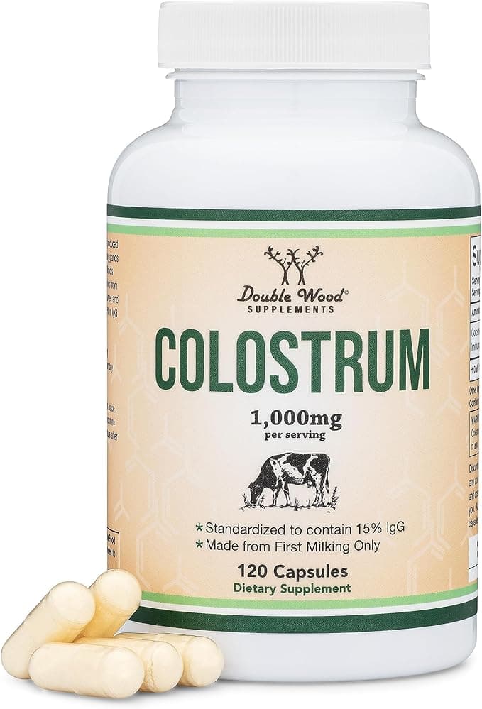 Colostrum Supplement 120 Capsules, 1,000mg per Serving (Bovine Colostrum Powder from First Milking Only, Std. to Contain 15% IgG Immunoglobulins) No Fillers, Third Party Tested by Double Wood - Image 1